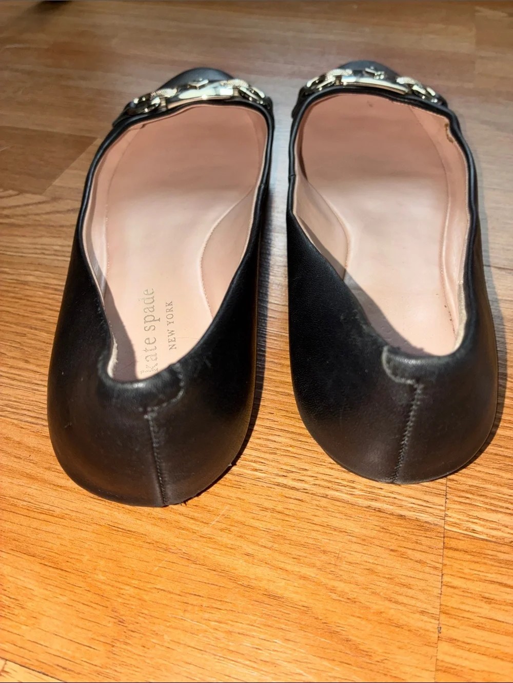kate spade Black Leather Flats with Gold-Tone Horsebit